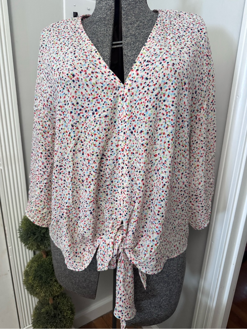 Women's Adrienne Boutique Multicolor Dot Tie-Front Blouse - White Medium